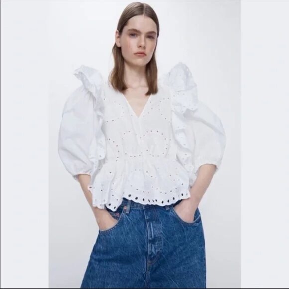 ZARA EYELET RUFFLE PUFF SLEEVE COTTON OUTWORK OPENWORK EMBROIDERED TOP - Picture 1 of 10